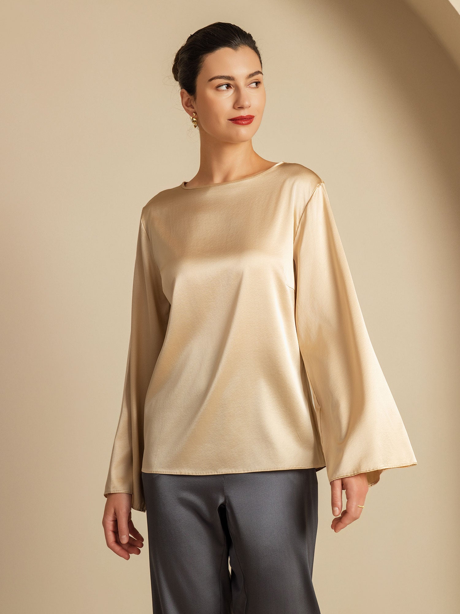 [Champagne] SilkSilky-NL 19Momme Zijde Ronde Hals Dames T-Shirt 004,