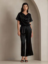 [Zwart] SilkSilky-NL 19Momme Korte Mouw Waterval Hals Blouse 006