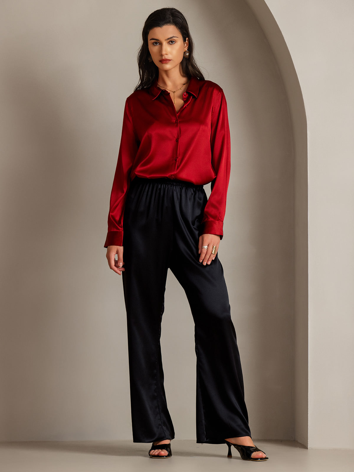 [Rode] SilkSilky-NL Zijde Kraag Dames Blouse 003