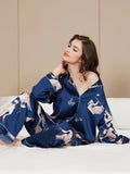 SilkSilky NL 19Momme Pure Silk Lange Mouw Revers Dames Pyjama Set Donkerblauw 001