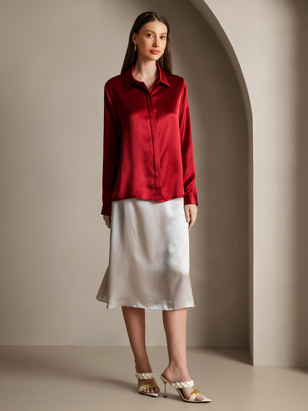 [Wijn] SilkSilky-NL 19Momme Zijde Lapel Collar Dames Blouse 004