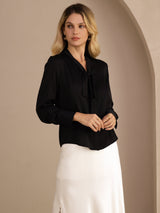 [Zwart] SilkSilky-NL Long Sleeve Tie Neck Blouse 003