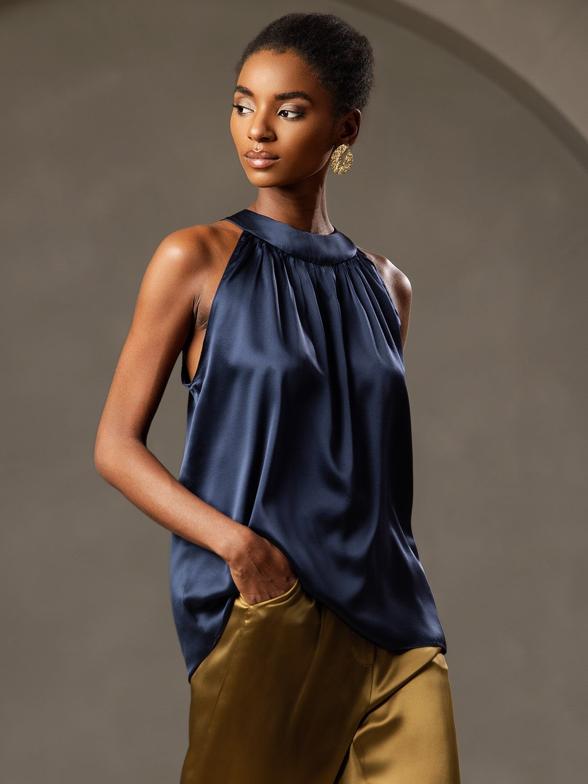 [Donkerblauw] SilkSilky-NL Sleeveless Halter Dames T-Shirt 001