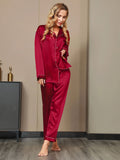 SilkSilky-NL Lange Mouw Revers Dames Pyjama Set Wijn 003