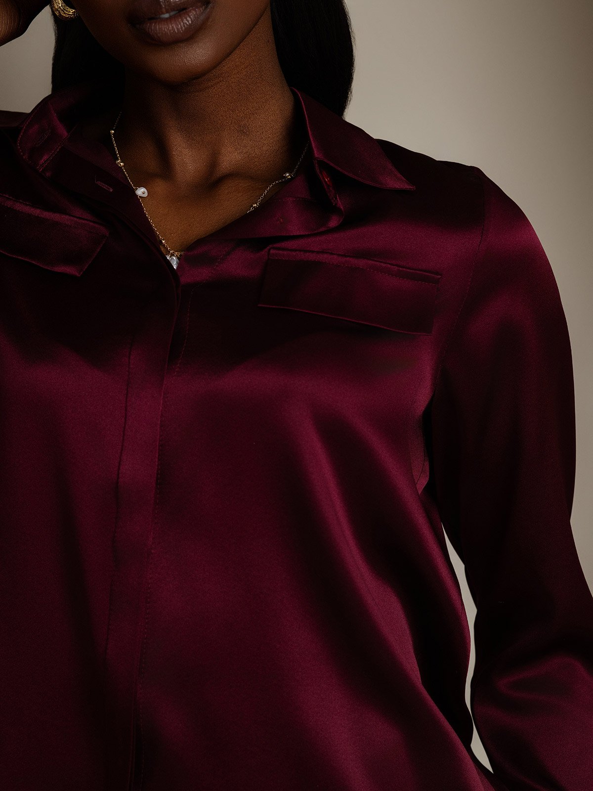 SilkSilky-NL 19Momme Zijde Lange Mouw Kraag Dames Blouse Donkerrood 008