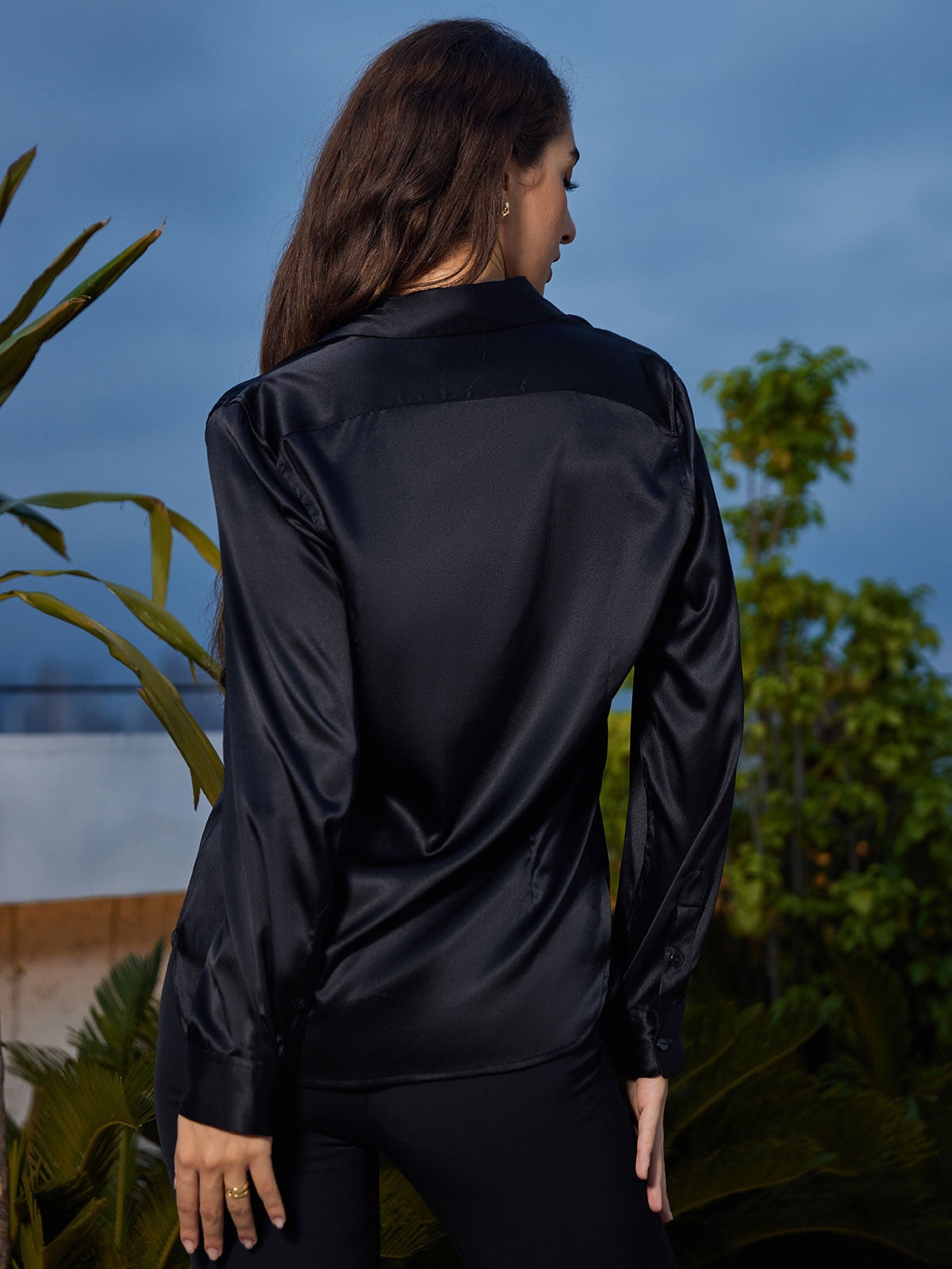 [Zwart] SilkSilky-NL 19Momme Lange Mouw Reverskraag Dames Blouse 002