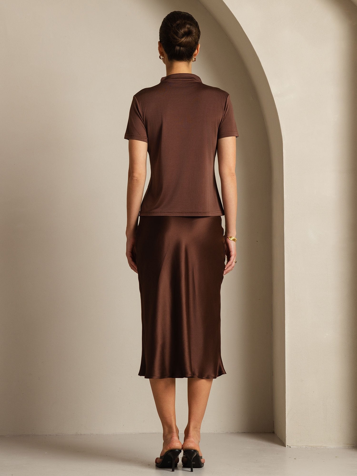 [Koffie] SilkSilky-NL Zijde Kraag Dames T-Shirt 007