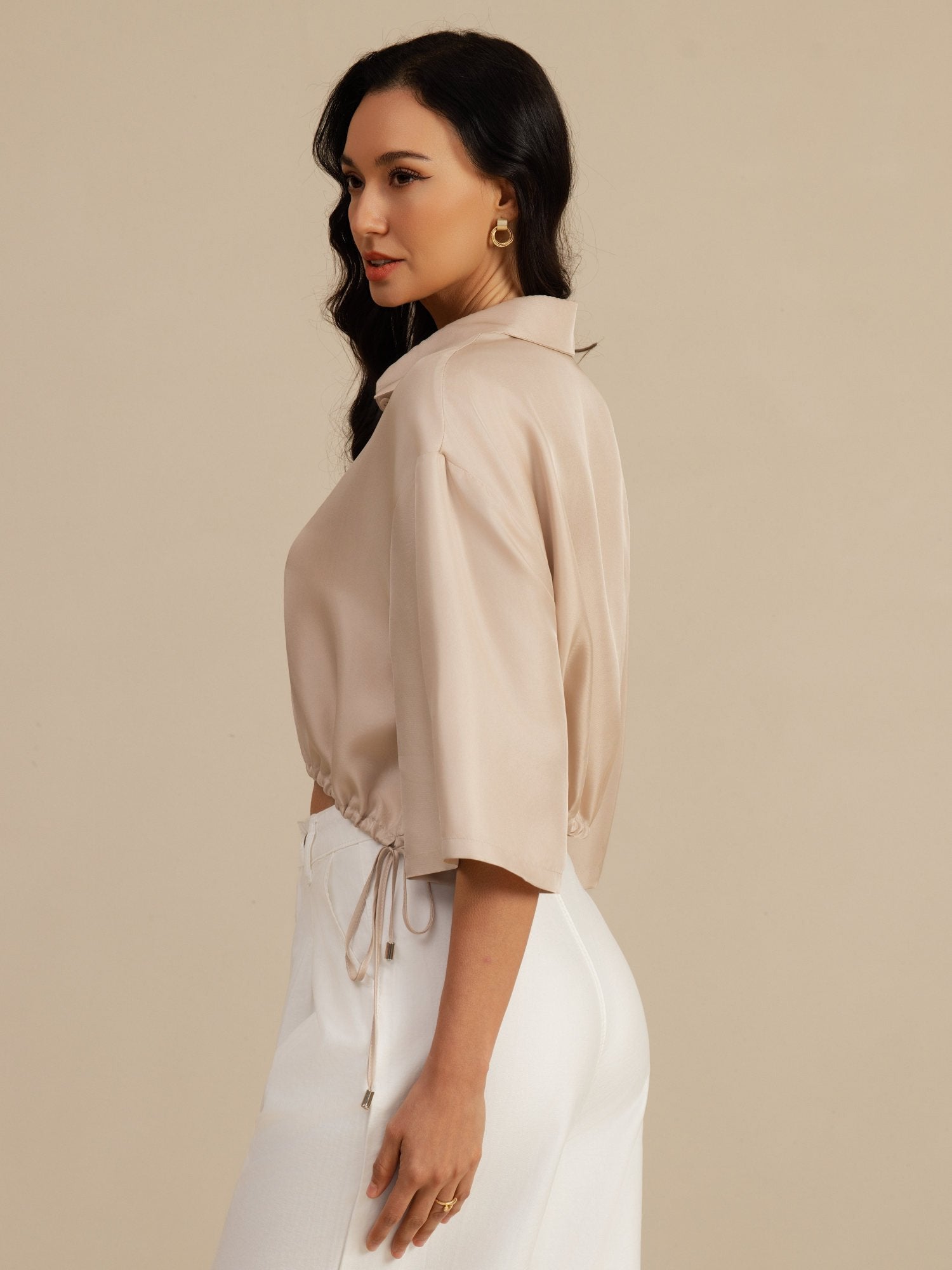 [Tan] SilkSilky-NL 18Momme Halve Mouw Reverskraag Blouse 003