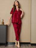 SilkSilky NL Pure Silk Korte Mouw Revers Dames Pyjama Set Wijn 004