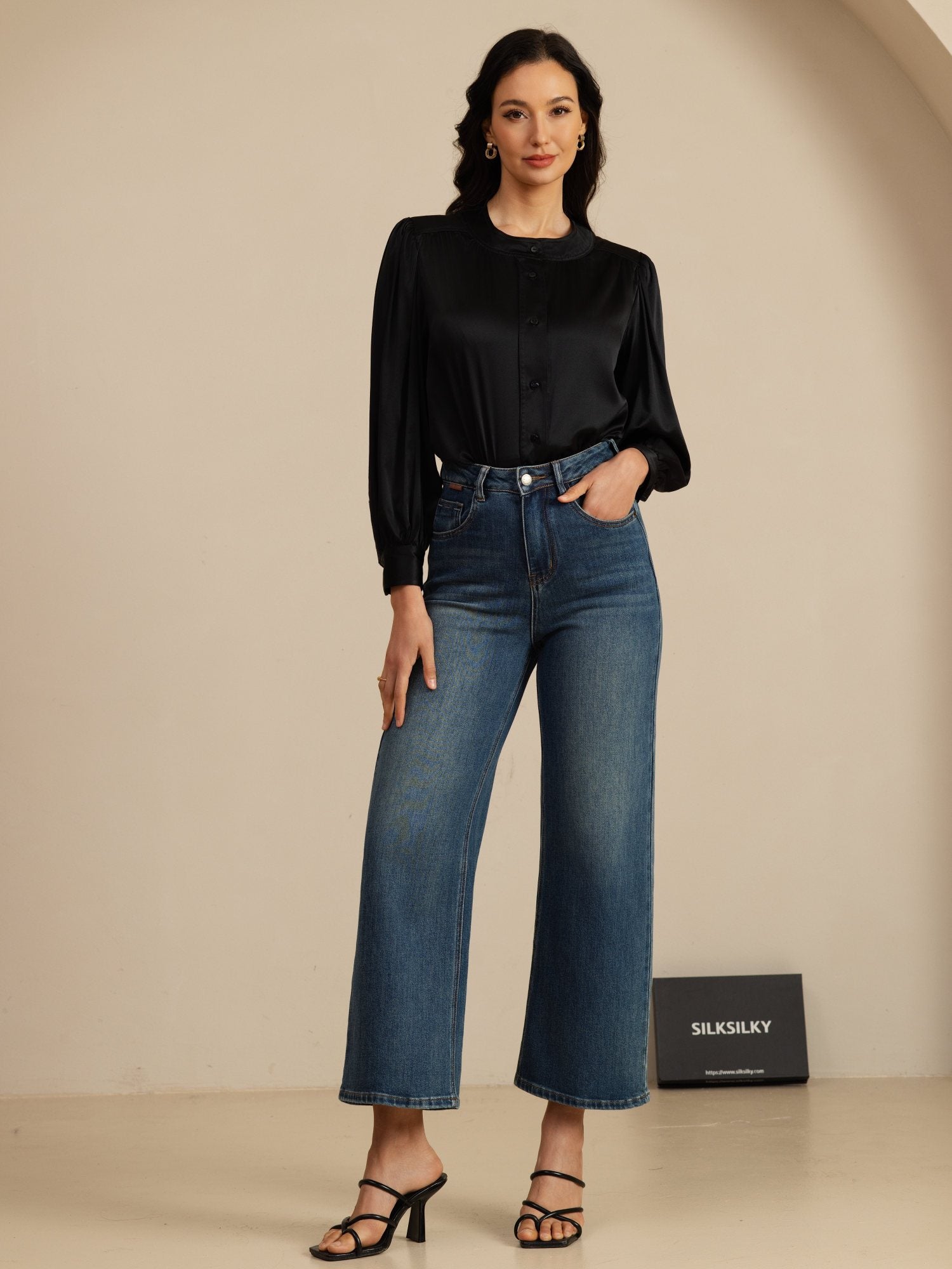 [Zwart] SilkSilky-NL 19Momme Long Sleeve Round Neck Blouse 007
