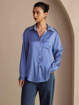 [Blauwe Krijtstreep] SilkSilky-NL Long Sleeve Lapel Collar Dames Blouse 004