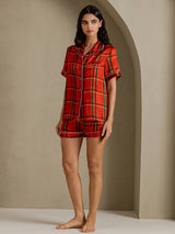 [Rood Geruit] SilkSilky-NL Short Sleeve Notch Collar Dames Pyjama Set 006
