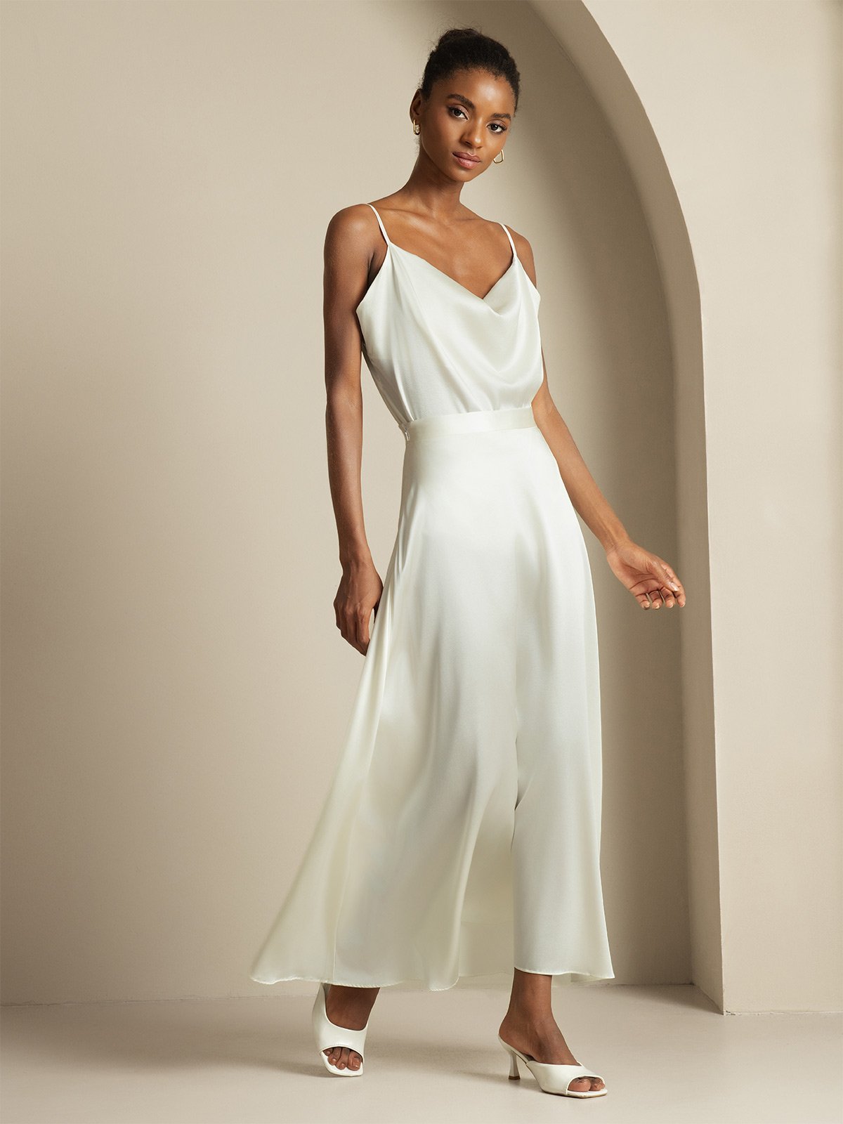 [Wit] SilkSilky-NL 19Momme Spaghetti Bandjes Waterval Hals Women''s Outfit Sets 004