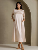 [Beige] SilkSilky-NL 3/4 Sleeve Round Neck Jurk 001