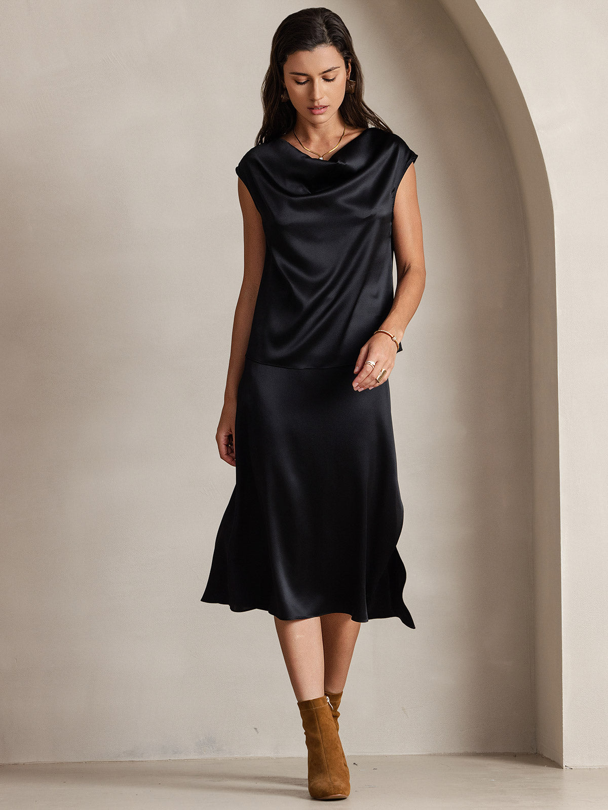 [Zwart] SilkSilky-NL 19Momme Zijde Mouwloos Womens T-Shirt 004