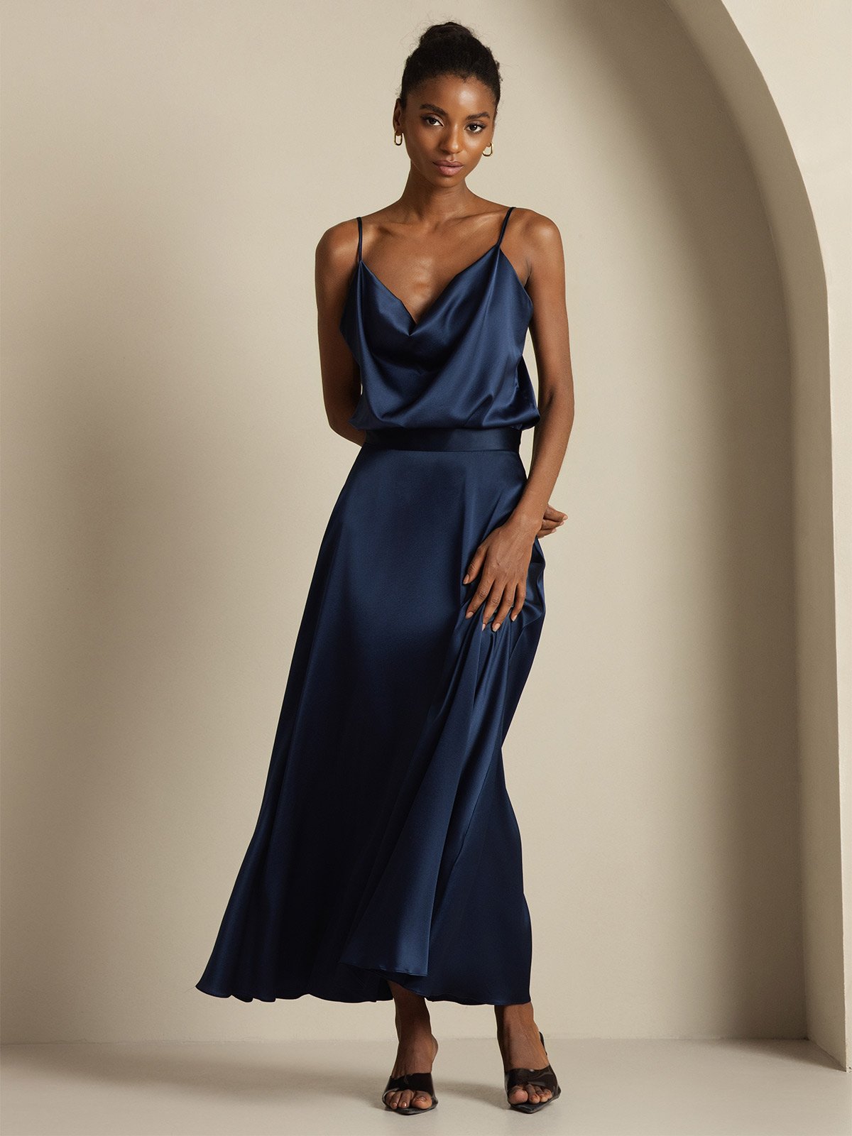 [Donkerblauw] SilkSilky-NL 19Momme Spaghetti Bandjes Waterval Hals Women''s Outfit Sets 004