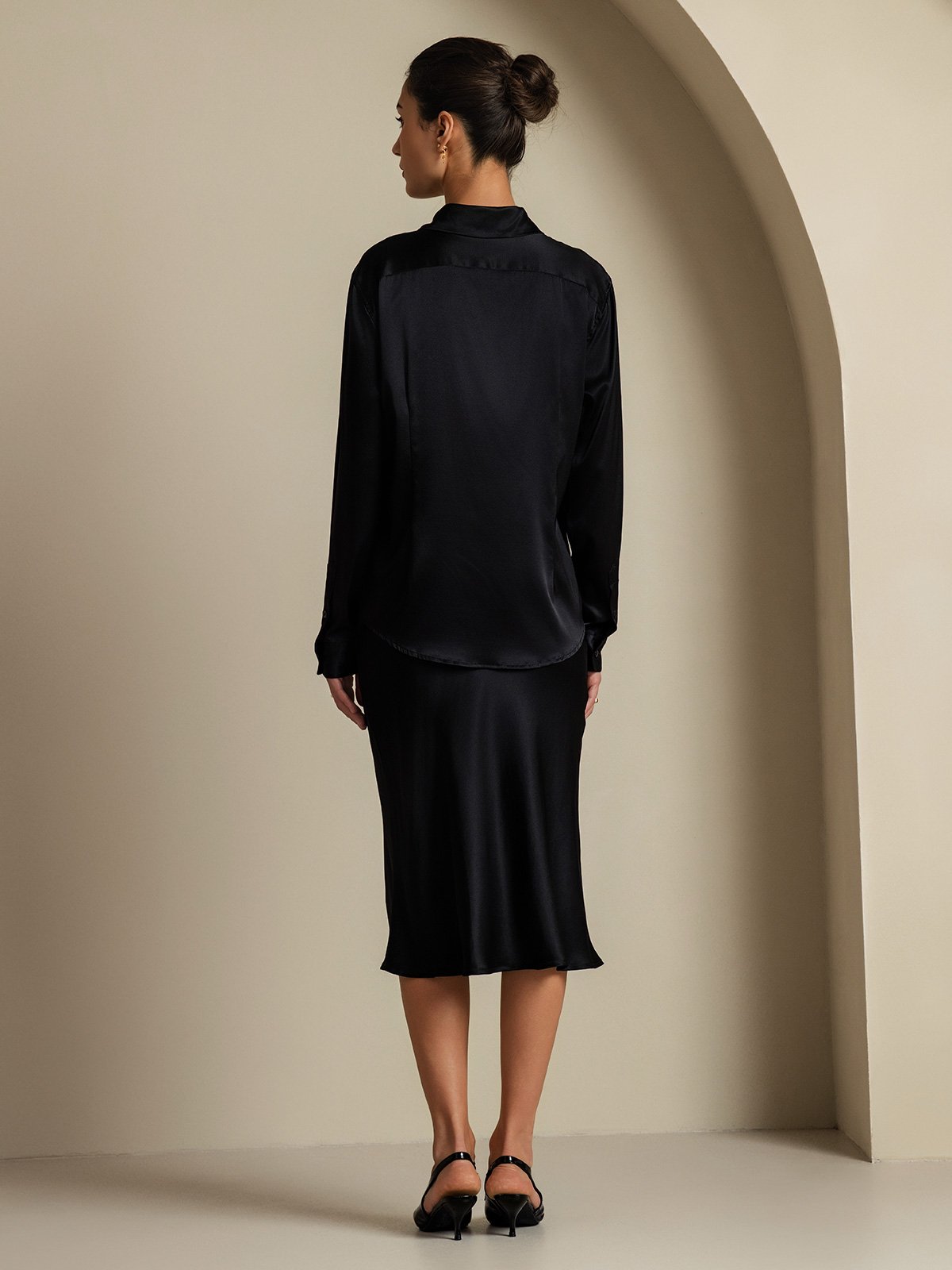 [Zwart] SilkSilky-NL 19Momme Zijde Kraag Women''s Outfit Sets 003,