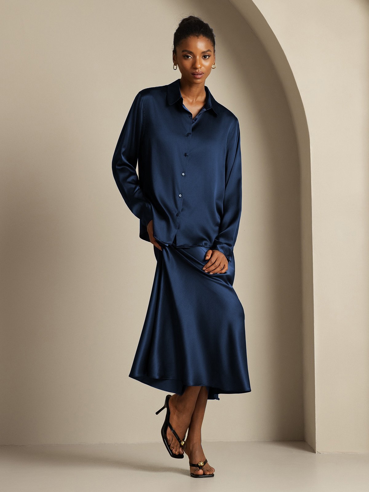 [Donkerblauw] SilkSilky-NL 19Momme Zijde Kraag Women''s Outfit Sets 003,