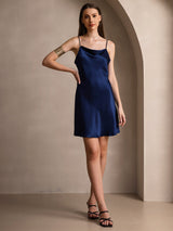 [Donkerblauw] SilkSilky-NL Spaghetti Strap Cowl Neck Jurk 007