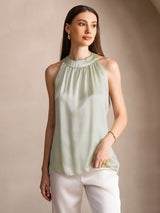 [Lichtgroene] SilkSilky-NL 19Momme Mouwloos Halter Dames T-Shirt 001