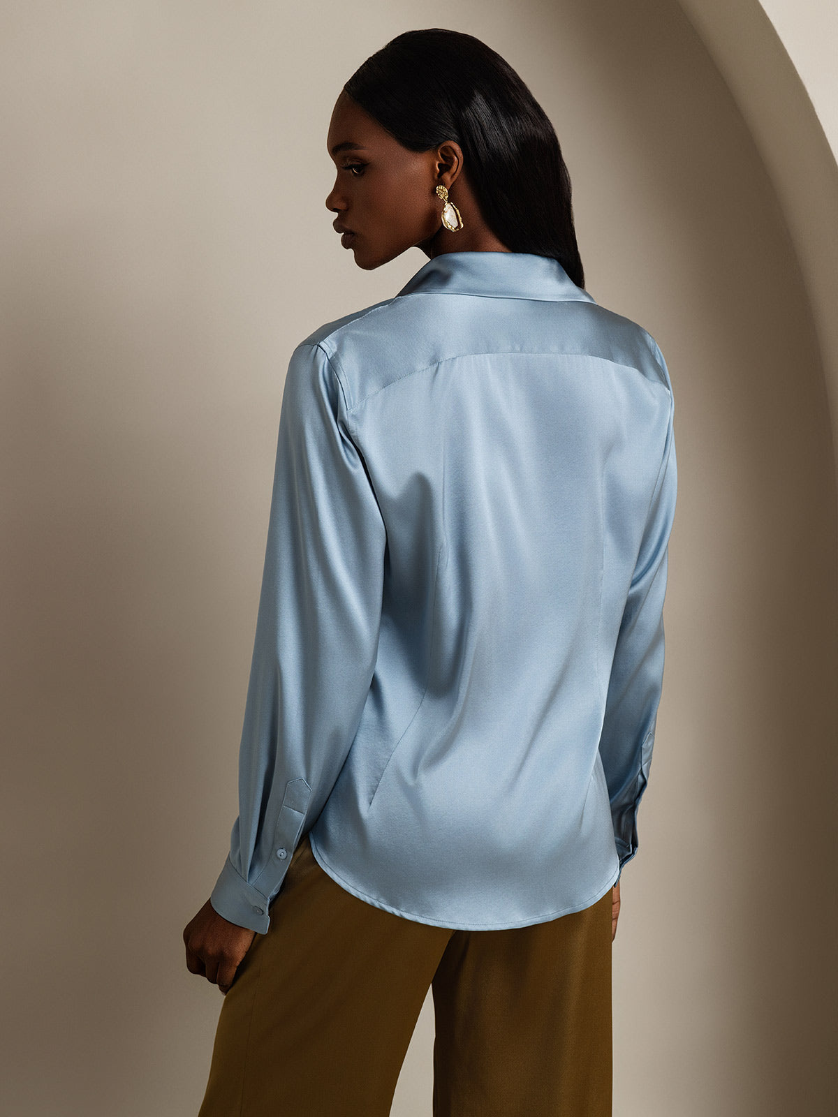 [Grijsachtig Blauw] SilkSilky-NL Zijde Kraag Dames Blouse 002