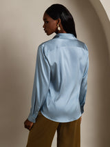 [Grijsachtig Blauw] SilkSilky-NL Long Sleeve Lapel Collar Dames Blouse 002