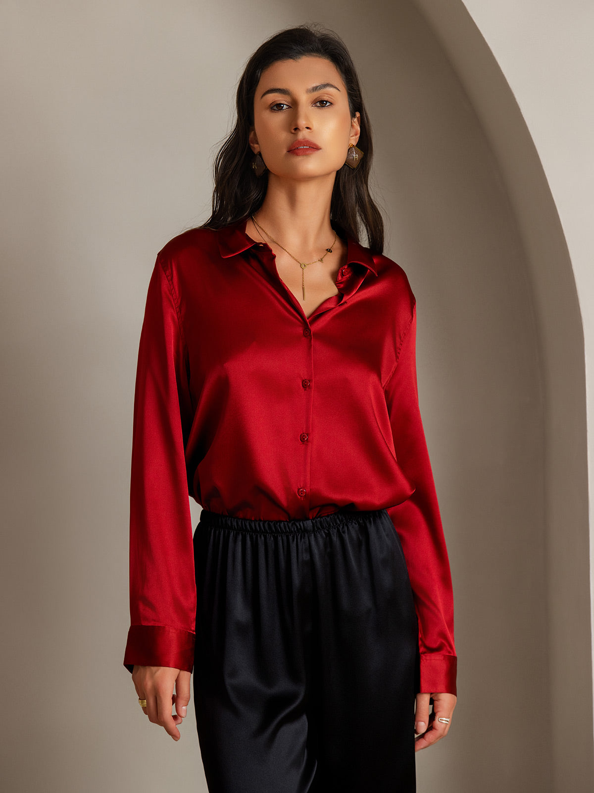 [Rode] SilkSilky-NL Zijde Kraag Dames Blouse 001