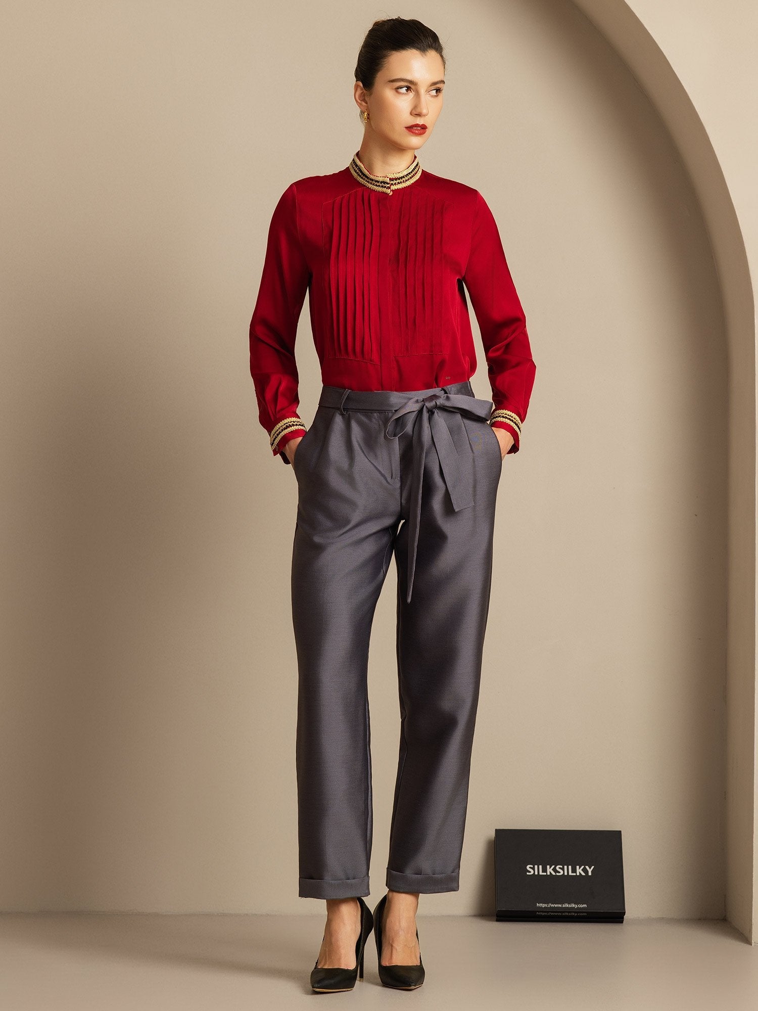 [Grijs] SilkSilky-NL 32Momme Silk-Wool Blend Womens Pants 008,