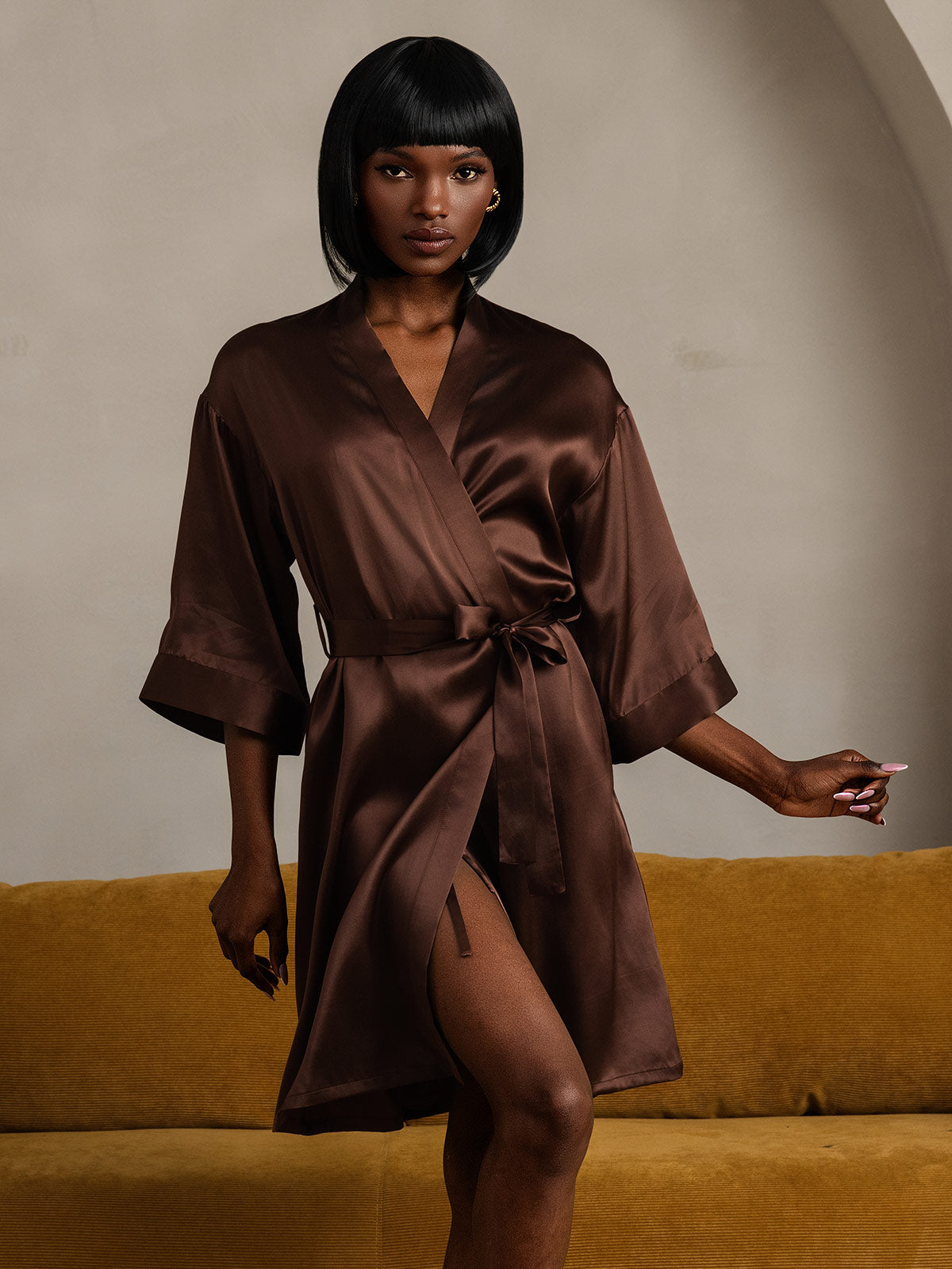 [Koffie] SilkSilky-NL Pure Silk Halve Mouw Womens Robe 007