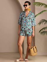 [Teal Botanisch] SilkSilky-NL Half Sleeve Lapel Collar Dames Pyjama Set 005