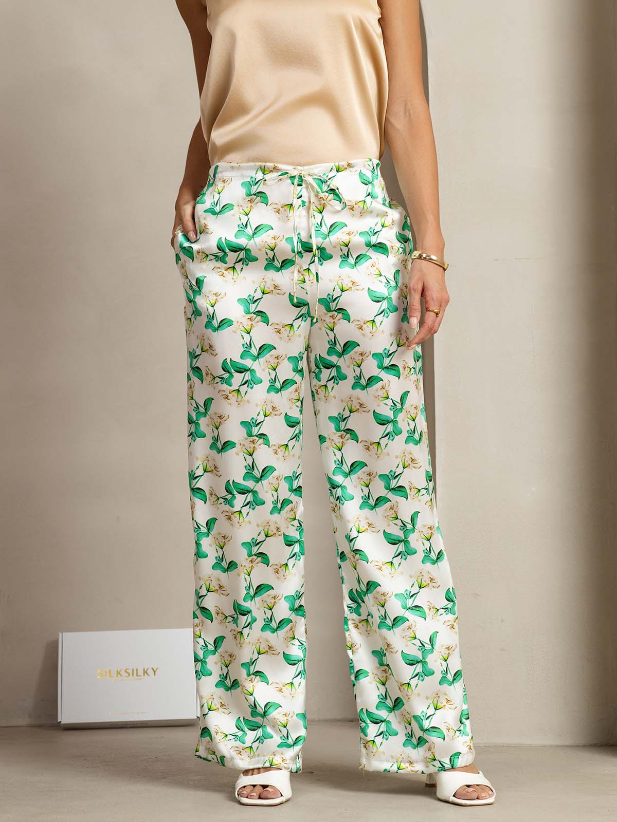 [Groene Bloemen] SilkSilky-NL 19Momme Zijde Womens Pants 003