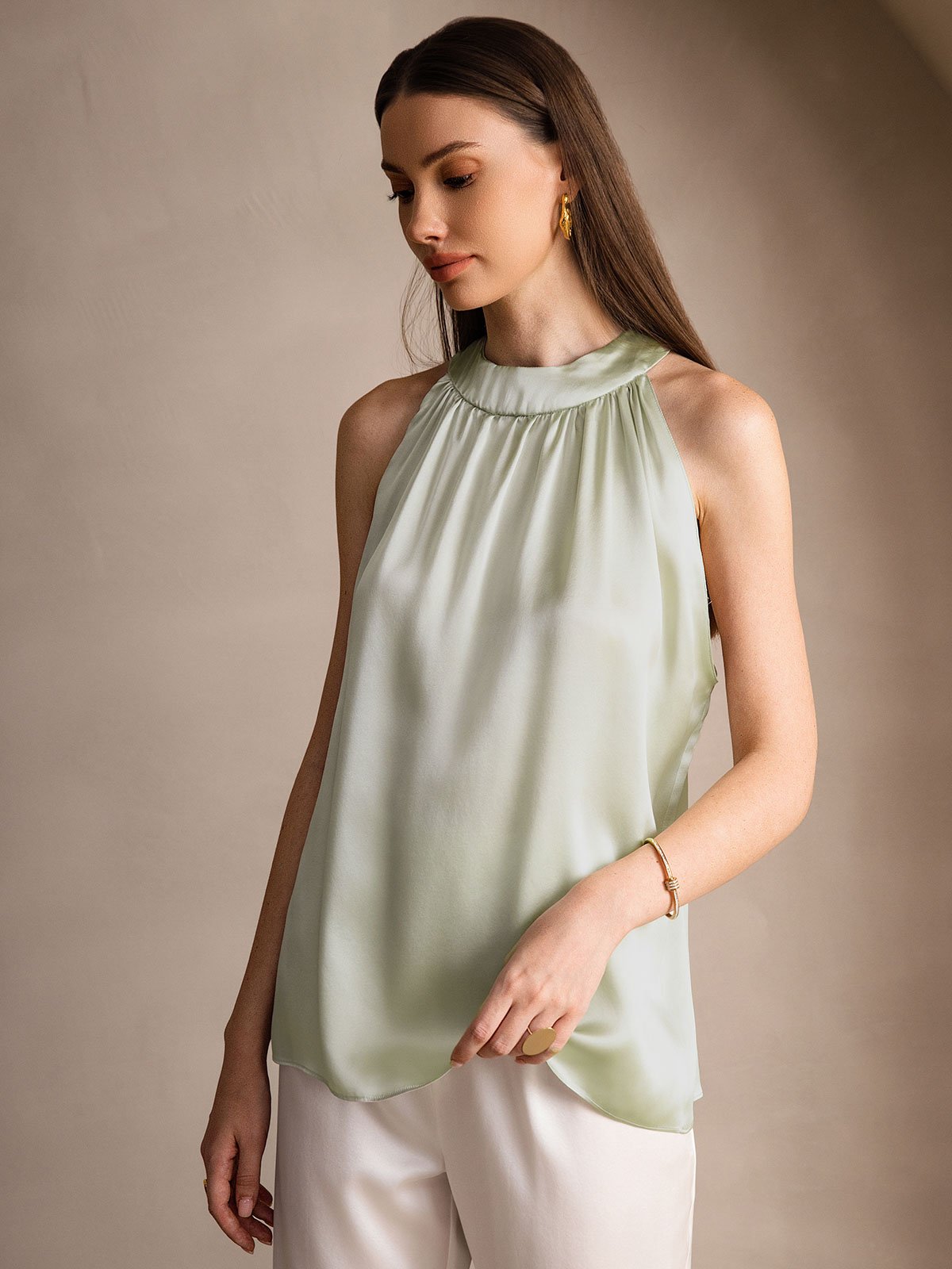 [Lichtgroene] SilkSilky-NL 19Momme Zijde Mouwloos Womens T-Shirt 004