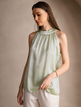 [Lichtgroene] SilkSilky-NL 19Momme Mouwloos Halter Dames T-Shirt 004