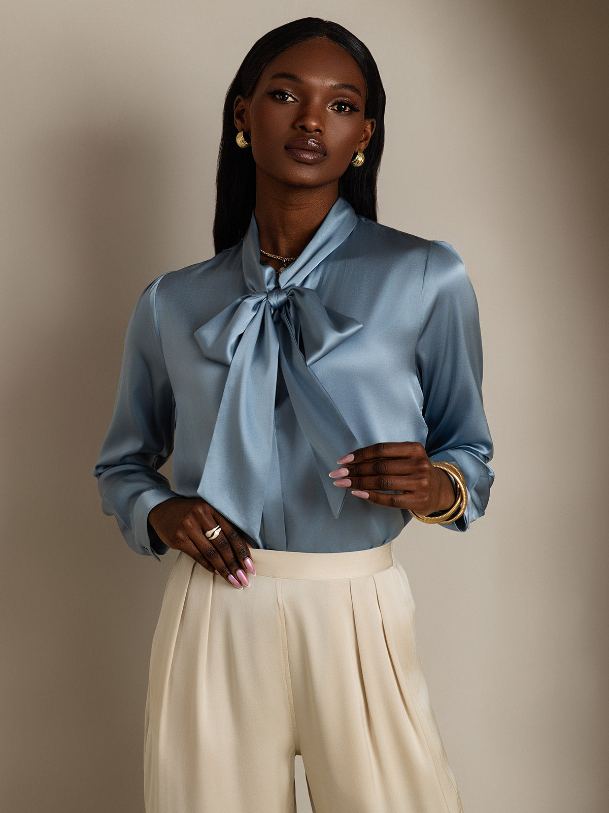 [Grijsachtig Blauw] SilkSilky-NL 19Momme Zijde Lange Mouw Binda Hals Dames Blouse 003