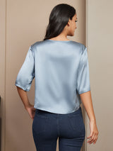 [Grijsachtig Blauw] SilkSilky-NL Halve Mouw Diepe Ronde Hals Dames T-Shirt 002