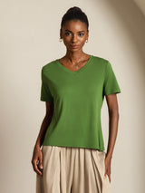 [Groen] SilkSilky-NL Short Sleeve V Neck Dames T-Shirt 008