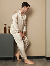 [Tan] SilkSilky-NL Pure Silk Lange Mouw Revers Heren Pyjama Set 008