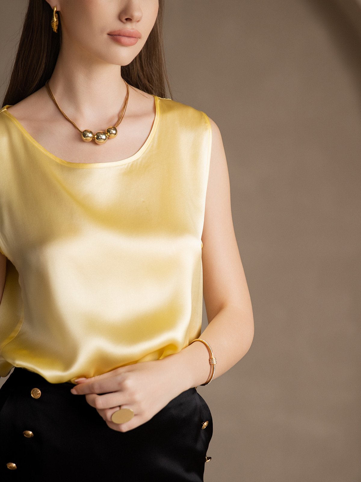[Lichtgeel] SilkSilky-NL 19Momme Zijde Ronde Hals Cami-Top 003