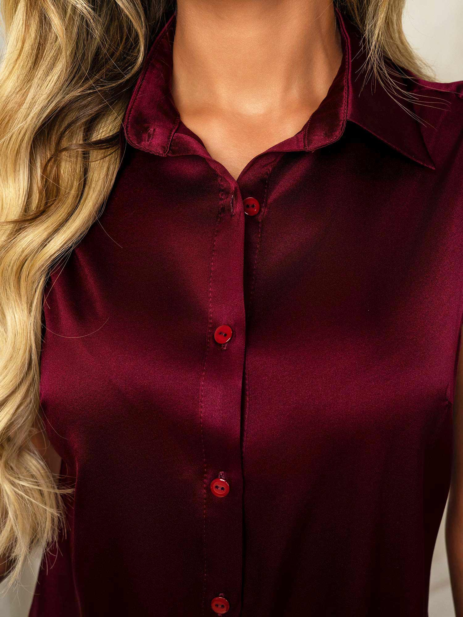 [Donkerrood] SilkSilky-NL 19Momme Zijde Kraag Dames Blouse 007