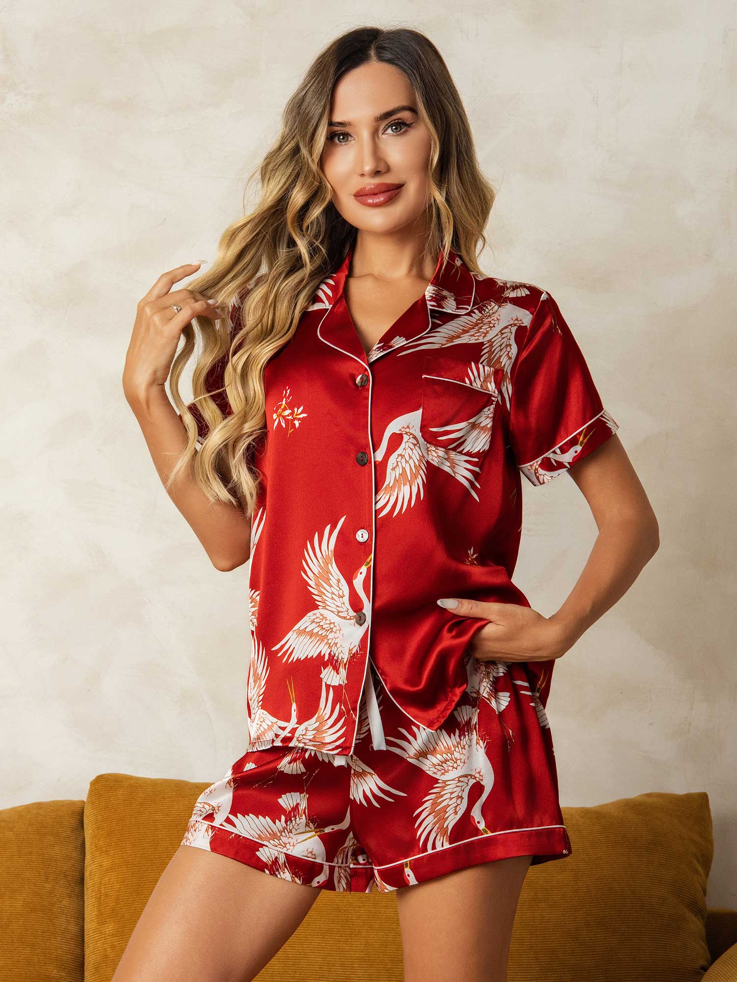 [Donkerrood] SilkSilky-NL 19Momme Korte Mouw Womens Pajamas 003