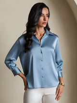 [Grijsachtig Blauw] SilkSilky-NL 3/4 Sleeve Lapel Collar Dames Blouse 003