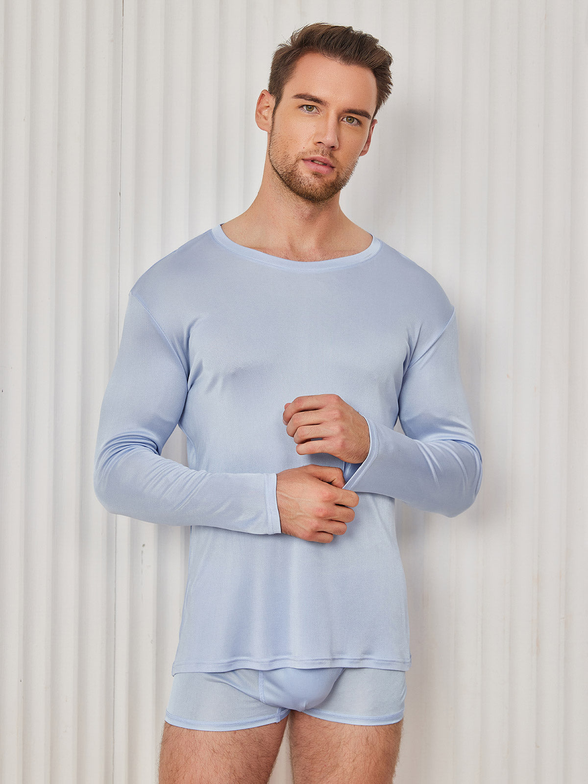 [Lichtblauw] SilkSilky-NL Zijde Gebreid Ronde Hals Heren T-Shirt 005