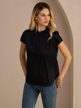 [Zwart] SilkSilky-NL Short Sleeve Split Blouse 001