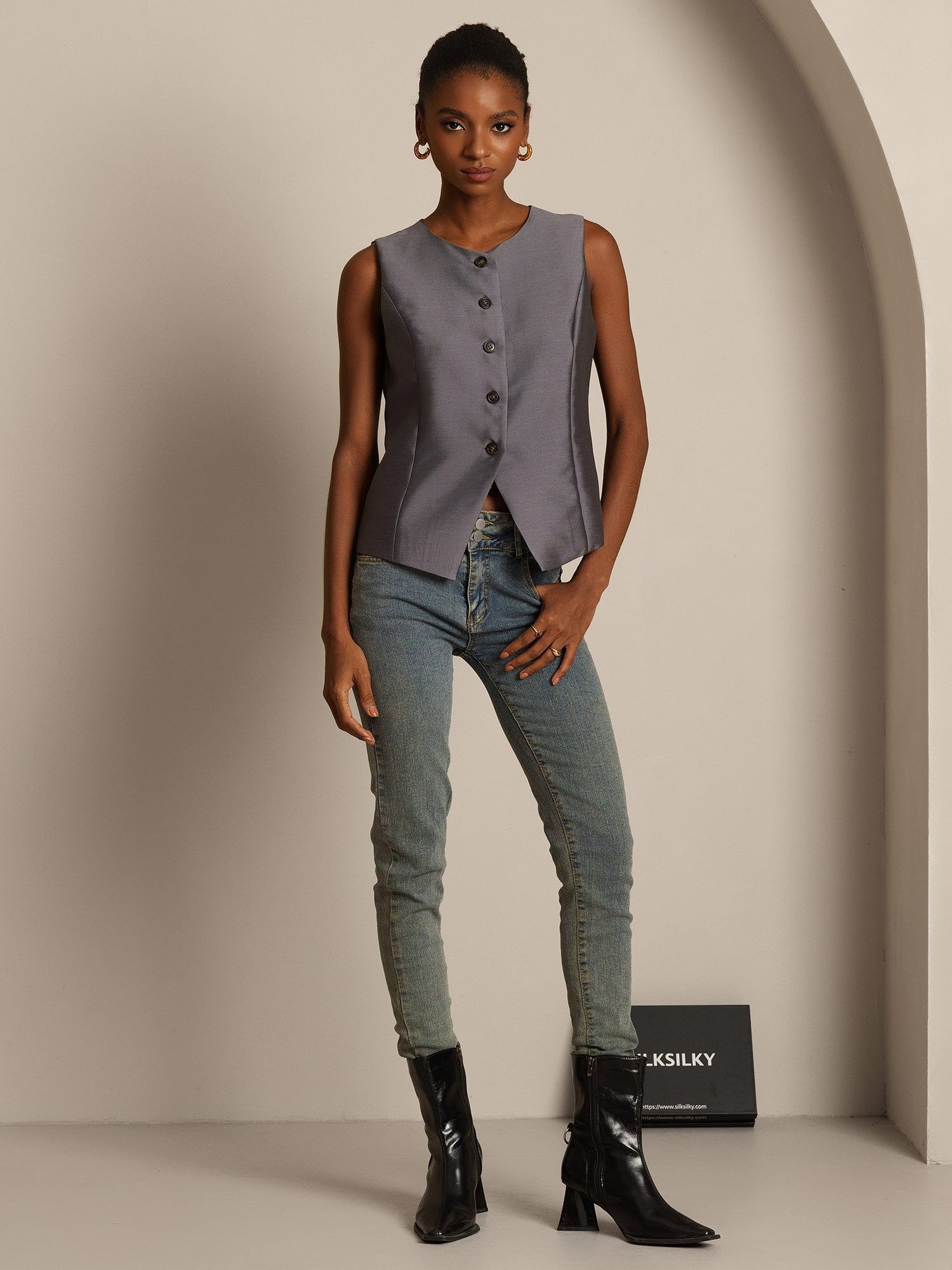 [Grijs] SilkSilky-NL 32Momme Silk-Wool Blend Womens Vest 008