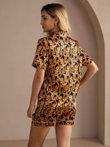 [Zwarte Tijger] SilkSilky-NL Short Sleeve Lapel Collar Dames Pyjama Set 002