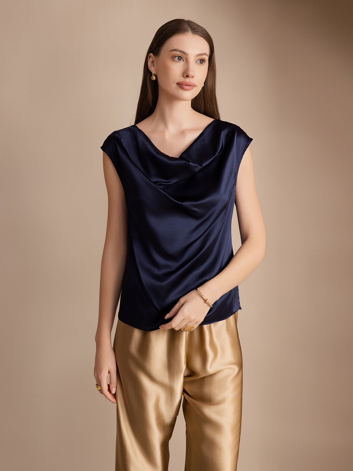 [Donkerblauw] SilkSilky-NL 19Momme Zijde Mouwloos Cowl Hals Dames T-Shirt 001