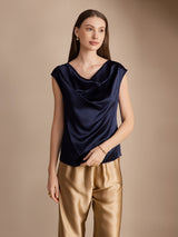 [Donkerblauw] SilkSilky-NL Cap Sleeve Cowl Neck Dames T-Shirt 001