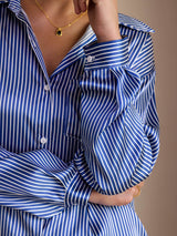 [Blauwe Krijtstreep] SilkSilky-NL Long Sleeve Lapel Collar Dames Blouse 006