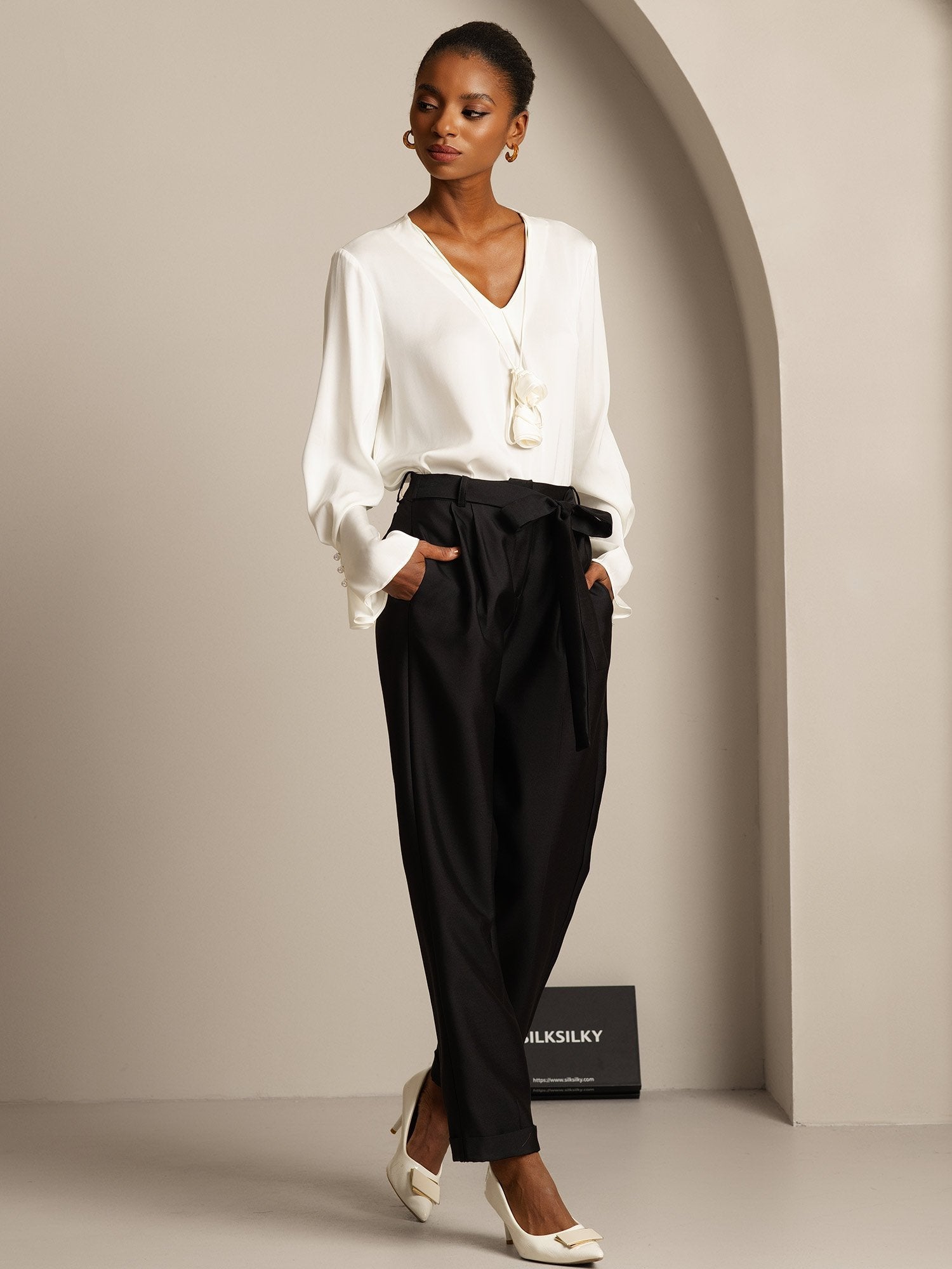 [Zwart] SilkSilky-NL 32Momme Silk-Wool Blend Womens Pants 005,