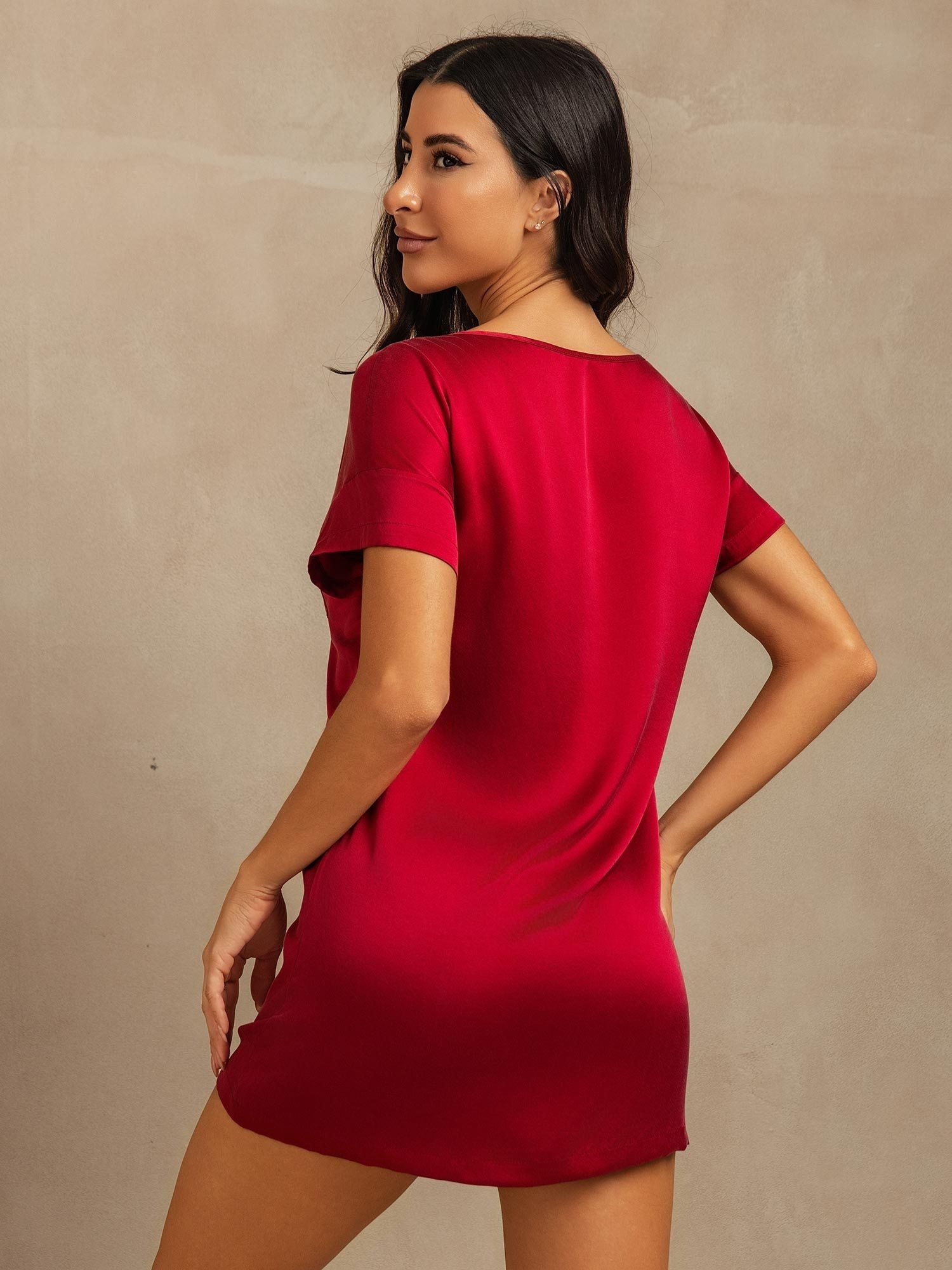 [Wijn] SilkSilky-NL 19Momme Zijde Ronde Hals Nachthemd 002